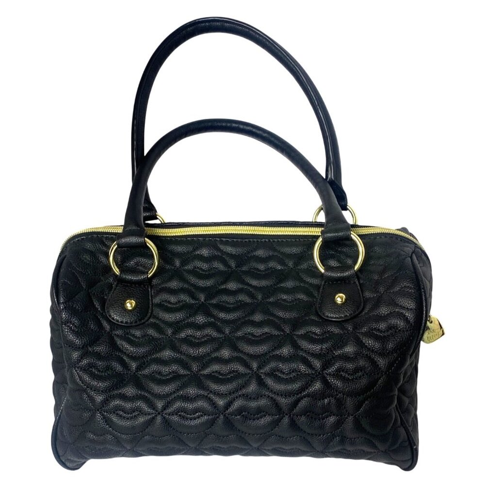 Betsey Johnson Quilted Black Lips Faux Leather Satchel Bag & Pom Poms Love Coll - Picture 2 of 14